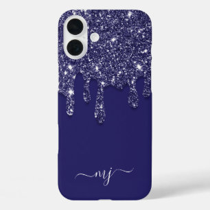 Navy Blau Glitter-Drip Custom-Monogramm iPhone 16 Plus Hülle