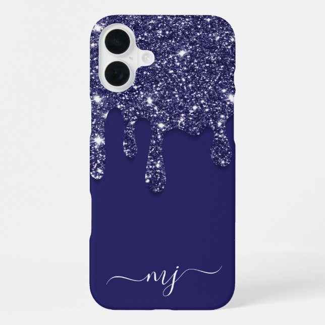Navy Blau Glitter-Drip Custom-Monogramm iPhone Hülle (Rückseite)