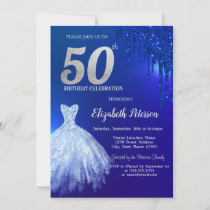 Navy-Blau Glitter-Tropfen, Kleid Blau 50. Geburtst Einladung