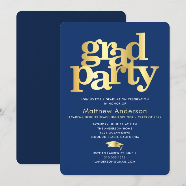 Navy Blau Gold Abschlusskappe Fett Typography Mini Einladung (Vorne/Hinten)