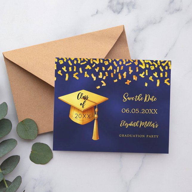 Navy Blau Gold Abschlussparty Save the Date Flyer (Von Creator hochgeladen)