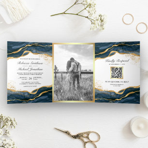 Navy Blau Gold Abstrakt Tinte QR Code Hochzeit Dreifach Gefaltete Einladung