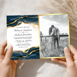 Navy Blau Gold Abstrakt Tinte QR Code Hochzeit Einladung