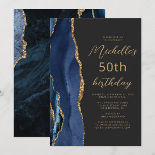 Navy Blau Gold Achat Schiefer Schrift 50. Geburtst Einladung