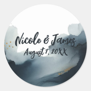 Navy-Blau & Gold Aquarell-Hochzeit Runder Aufkleber