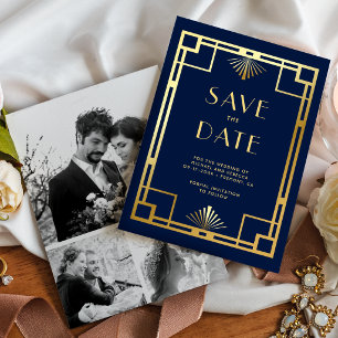 Navy Blau Gold Art Deco Foto Collage Hochzeit Save The Date