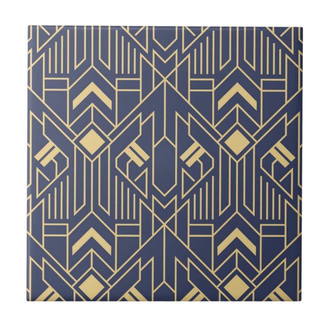 Navy Blau Gold Art Deco Geometrisches Muster Fliese (Vorderseite)