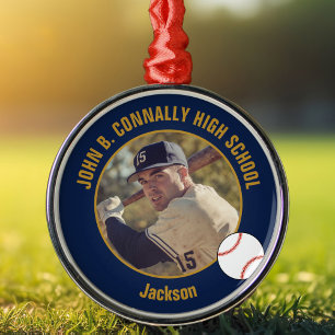 Navy Blau Gold Baseballspieler Foto Weihnachten Ornament Aus Metall