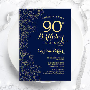 Navy Blau Gold Blumen 90. Geburtstagsfeier Einladung