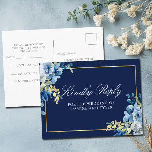 Navy Blau Gold Blumen Elegante Hochzeits-RSVP Postkarte
