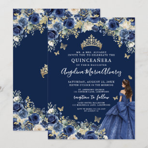 Navy Blau Gold Blumen Quinceanera Einladung