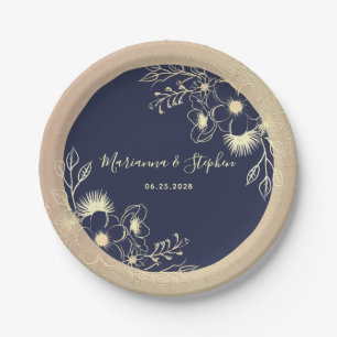 Navy Blau Gold Blumenhochzeit Pappteller