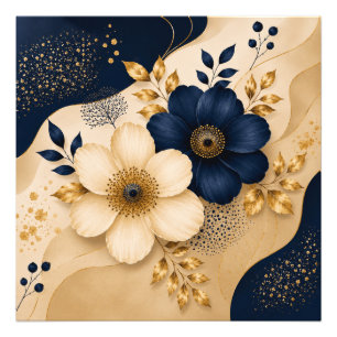 Navy Blau & Gold Botanisches Blumenmuster  Fotodruck