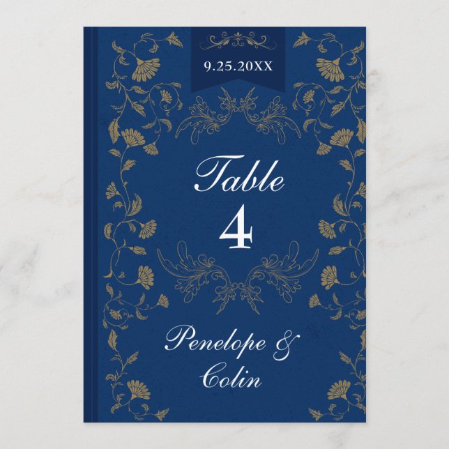 Navy Blau Gold Buchcover Hochzeit Tischnummer (Vorderseite)