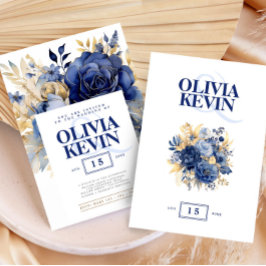 Navy Blau & Gold elegante Hochzeit florale Aquarel Einladung