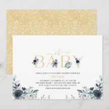 Navy Blau & Gold Elegantes Boho-Floral-Baby-Shower
