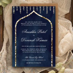 Navy Blau Gold Ethnische Indische Bogen Hochzeit Einladung