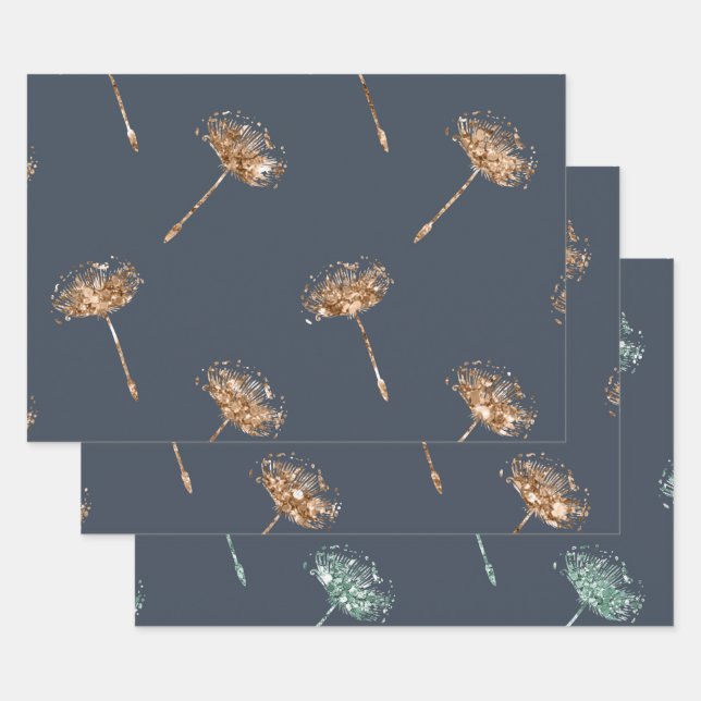 Navy Blau Gold Falscher Glitter Löwenzahn Blumen Geschenkpapier Set (Set)