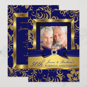 Navy Blau Gold Foto 50. Hochzeitstag Einladung