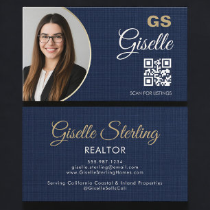 Navy Blau Gold Foto Makler QR Code Leinen Visitenkarte