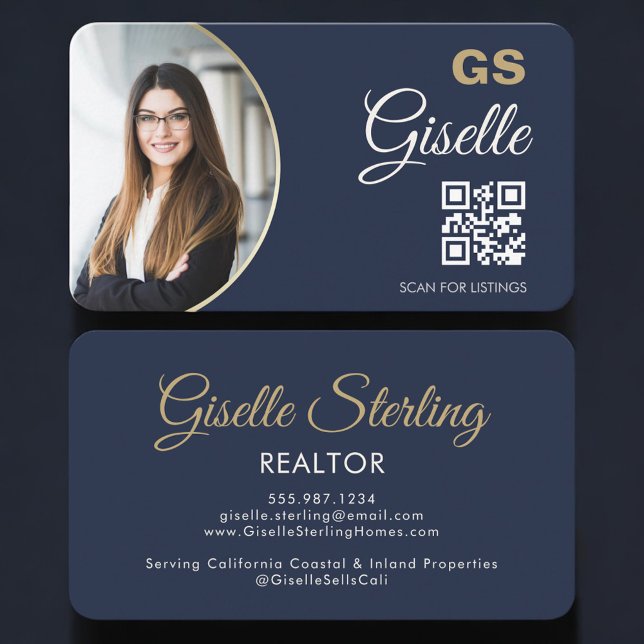 Navy Blau Gold Foto Monogramm Realtor QR Code  Visitenkarte (Von Creator hochgeladen)