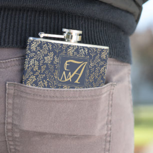 Navy Blau Gold Frischvermählte Hochzeits-Monogramm Flachmann