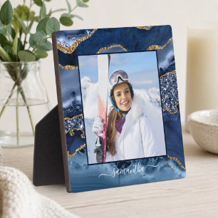 Navy Blau Gold Glitter Agate Eleganter Name Foto Fotoplatte