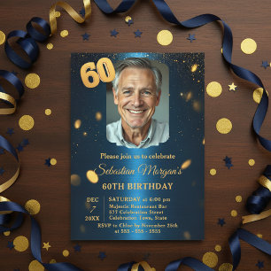 Navy Blau Gold Glitter Foto 60. Geburtstagsfeier Einladung