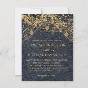 Navy Blau Gold Glitter Lichterkette Hochzeit Einladung
