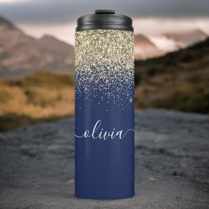 Navy Blau Gold Glitter Mädchen Fitness Monogramm N Thermosbecher