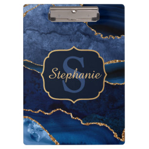 Navy Blau & Gold Glitter Marmor Achat Monogramm Klemmbrett