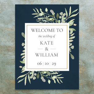 Navy Blau Gold Grün Hochzeit Willkommensschild Poster