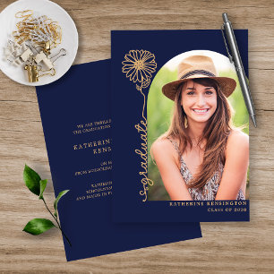 Navy Blau Gold Handgeschriebene Foto-Abschlussfeie Folieneinladung