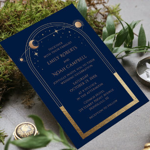Navy Blau Gold Himmels-Sonne-Mond-Sterne Hochzeit Einladung