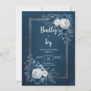 Navy Blau Gold Himmlische Ranunkel Hochzeit Einladung