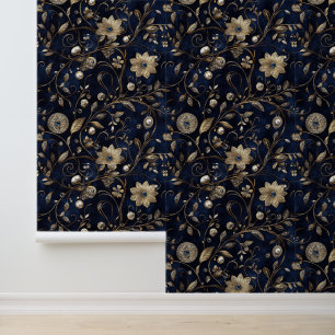 Navy Blau Gold Juwel Blumen Tapete