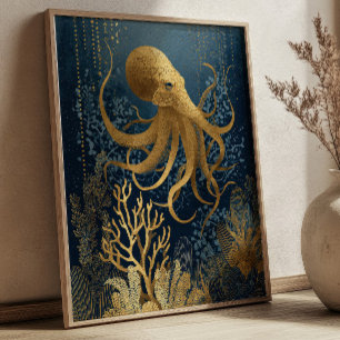 Navy Blau & Gold Kintsugi Oktopus Unterwasser Poster