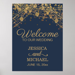 Navy Blau Gold Lichterkette Hochzeitsbegrüßung Poster