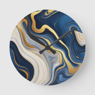 Navy Blau Gold Marmor Wirbel Runde Wanduhr