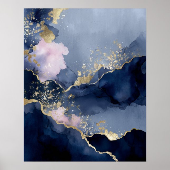 Navy Blau Gold Moderne Abstrakte Wandkunst Poster (Vorne)