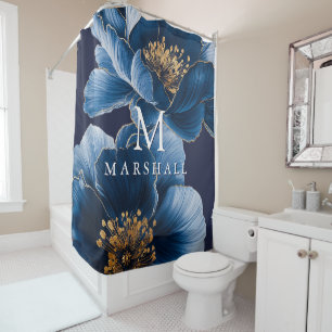Navy Blau Gold Moderne Florale Monogramm Familienn Duschvorhang