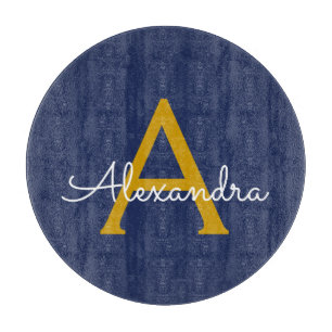Navy Blau Gold Moderne Schrift Mädchen-Monogramm-N Schneidebrett