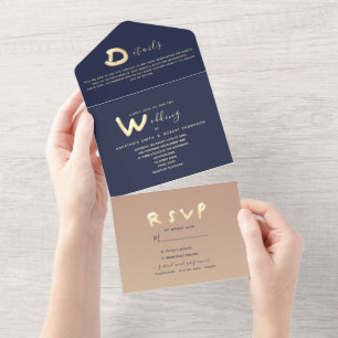 Navy Blau Gold Moderne Typografie Foto-Hochzeit All In One Einladung