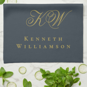 Navy Blau Gold Monogramm Name Minimalistischer Chi Geschirrtuch