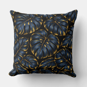 Navy Blau Gold Monstera Luxus-Botanik Kissen