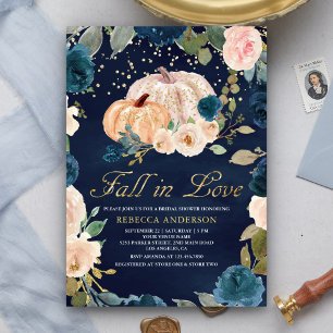 Navy Blau Gold Pfirsich Florales Kürbis Brautparty Einladung
