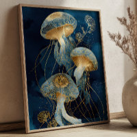 Navy Blau & Gold Quallen Kintsugi-Tusche-Kunst Oze