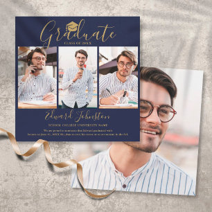 Navy Blau Gold Schrift Graduierter 4 Foto Abschlus Ankündigung