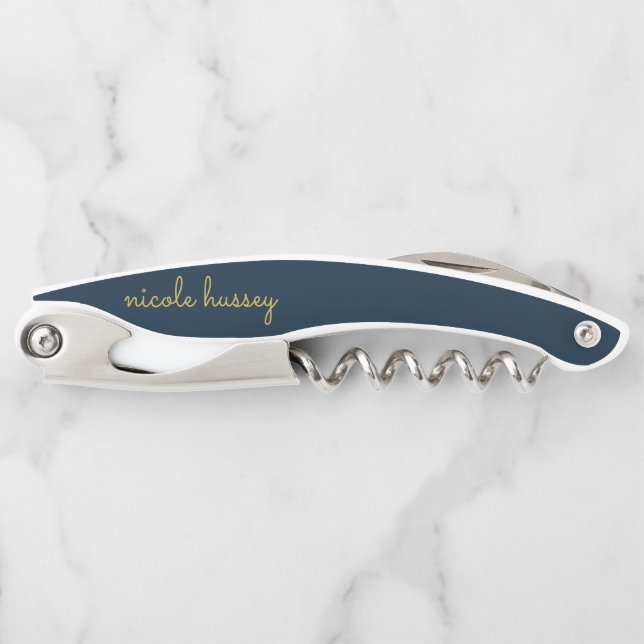 Navy Blau Gold Schrift | Stilvolles modernes Monog Kellnermesser (Vorderseite)