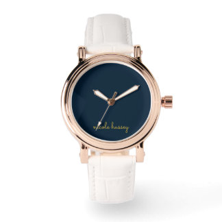 Navy Blau Gold Schrift | Stylisches Monogramm Mode Armbanduhr